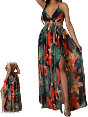 Red Floral Backless Maxi Dress with Cutout